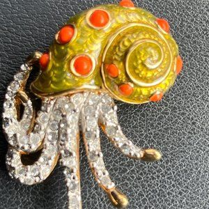 SWARVOSKI Vintage Rare Nautilus Orange and Green and Crystal Tentacles brooch.